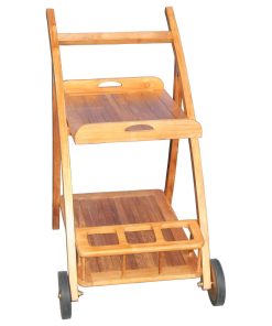 Teak Wood Serving Trolley with Serving Tray, Bottle Holders and Rubber Wheels