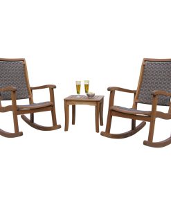 3-Piece Eucalyptus and Brown Wicker Rocking Chair Set With Square Accent Table