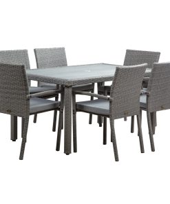 Wicker Patio Dining Table Set, Gray, 8 Pcs W/ Umbrella-No Base