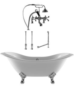 71" Cast Iron Double Slipper Clawfoot Tub & Deck Mount Plumbing PKG in Chrome