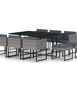 vidaXL Patio Dining Set with Cushions 11 Pieces Poly Rattan Gray Dinner Table