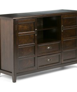 Traditional Media TV Stand, Panel Framed Doors and Drawers, Mahogany Brown