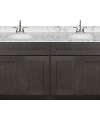 60" Double Bathroom Vanity, Cara White Marble Top, Faucet LB6B, Dover Gray