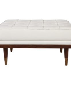 Woodrow Midcentury Box Ottoman, Premium Aniline Leather and Walnut, White