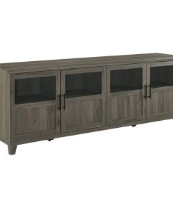 70" TV Console With Glass and Wood Panel Doors, Slate Gray