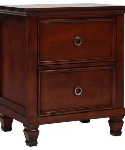 2 Drawer Wooden nightstand with Tapered Legs and Metal Rings, Brown