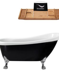 61" Black Clawfoot Tub and Tray, Chrome Feet, Chrome Internal Drain