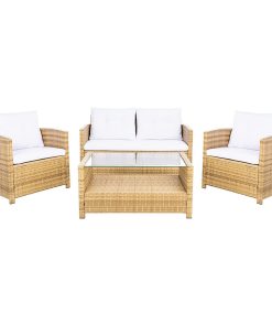 4 Pieces Patio Set, Covered Metal Frame & White Seat Cushions, Natural/White