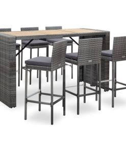 vidaXL Patio Bar Set with Cushions 7 Pieces Poly Rattan Gray Outdoor Garden