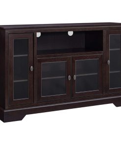 Traditional TV Stand, Open Shelf and 4 Cabinets With Glass Doors, Espresso