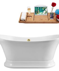 60" Soaking Free Standing Tub With External Drain, White/Gold