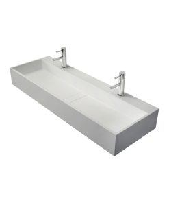 47" Wall-Mount Double Sink Stone Resin Bathroom Sink with Two Faucet Hole, Matte