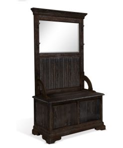 77" Wide Distressed Black Entryway Bench Hall Tree With Mirror Basket Storage