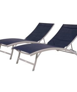 2 Pack Patio Chaise Lounge, Breathable Seat With 6 Adjustable Positions, Navy