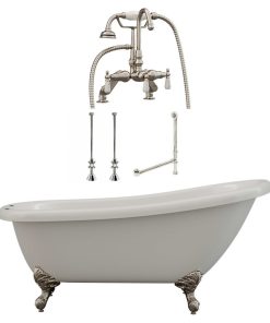 61" Slipper Clawfoot Tub Gooseneck Faucet Plumbing, "Maries", Brushed Nickel