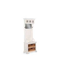 77" Narrow Distressed White Entryway Bench Hall Tree With Mirror Basket Storage