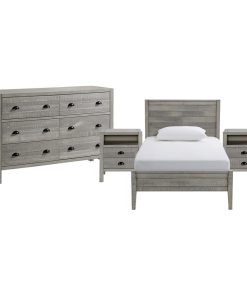 Windsor 4-Piece Panel Twin Bed, 2 Nightstands and 6-Drawer Dresser, Driftwood Gr