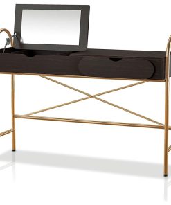 Unique Vanity Table, Golden Sleek Frame With 2 Drawers and Flip Up Mirror