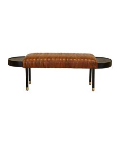 Warm Brown Leather and Solid Wood Bench