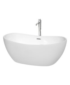60" Freestanding Bathtub,White,Floor Mounted Faucet, Drain,Trim,Polished Chrome