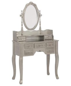 2 Pieces Vanity Set, Table With Oval Mirror & Cushioned Stool, Metallic Silver