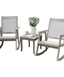 3-Piece Gray Wash Eucalyptus and Sling Rocking Chair Set With Accent Table