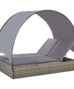 vidaXL Double Sun Lounger with Canopy Poly Rattan Gray Outdoor Garden Seating