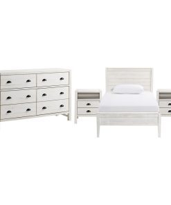 Windsor 4-Piece Panel Twin Bed, 2 Nightstands and 6-Drawer Dresser, Driftwood Wh