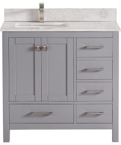 36" Vanity Solid Wood Body With White Quartz Top Left Side Sink, Light Grey