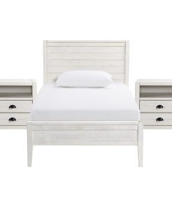 Windsor 3-Piece Set with Panel Twin Bed and 2 Nightstands, Driftwood White, Twin