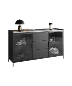 47" Black Sideboard Buffet Doors&Drawers Stone Top Modern Sideboard Cabinet