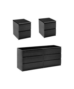 3 Piece Set with 6 Drawer Double Dresser and 2 Night Stands in Black Woodgrain