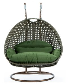 2 Person Beige Wicker Double Hanging Egg Swing Chair, Dark Green