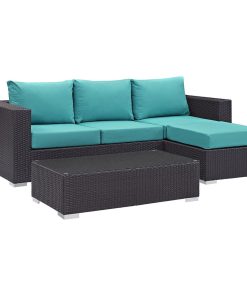 3 Pieces Patio Set, Padded Sofa With Ottoman & Coffee Table, Espresso Turquoise