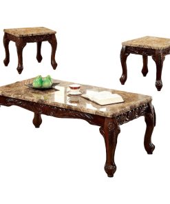 3 Piece Table Set With Faux Marble Table Top, Dark Oak and Ivory