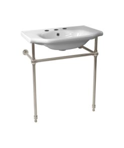 Traditional Ceramic Console Sink With Satin Nickel Stand, Three Hole