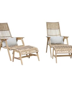 4-Piece Teak Bohemian Basket Lounger Set With Matching Ottomans