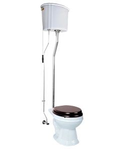 White High Tank Pull Chain Toilet Round Bowl with Chrome L-Pipe Victorian Style