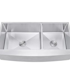 42" Curved Front Offset Double Bowl Stainless Steel Farmhouse Sink