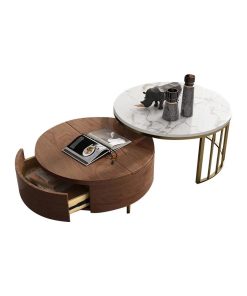 White and Walnut Round Nesting Coffee Table, 2-Piece Set, White & Walnut