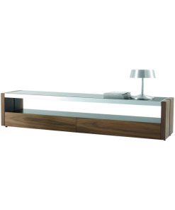 Trieste Modern TV Stand in Matte Walnut with Black Glass Top