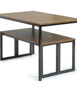 3 Pieces Dining Set, Metal Frame With Rectangular Tabletop & 2 Benches, Brown