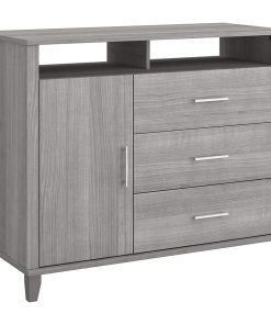Tall TV Stand, 3 Storage Drawers and 2 Upper Open Compartments, Platinum Grey
