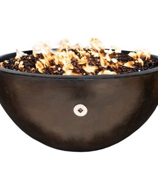 36" Concrete Fire Bowl, Dark Bronze, Exotic Black Fire Glass Filling, Propane Ga