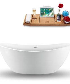 75" White Freestanding Tub and Tray With External Drain, Oval Shaped
