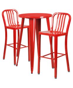 24" Round Red Metal Indoor-Outdoor Bar Table Set, 2 Vertical Slat Back Stools