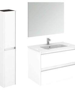 Wall Mounted Vanity With Column and Mirror, 31.7"x18.1", Ambra 80 Gloss White