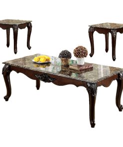 3 Piece Table Set With Faux Marble Table Top, Dark Cherry