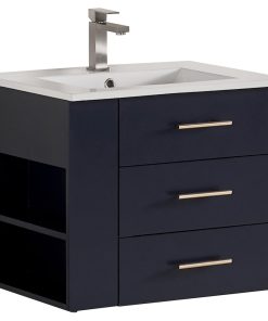 24" Left Side Shelf Vanity Wood Body With Premium White Ceramic, Marine Blue