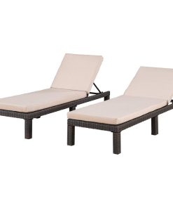 2 Pack Patio Chaise Lounge, Dark Brown Wicker & Adjustable Beige Cushioned Seat